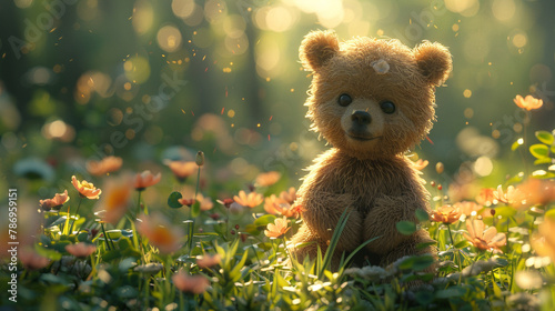 Teddy bear exploring a lush green meadow, its fluffy form a delightful sight against the grass © Teddy Bear