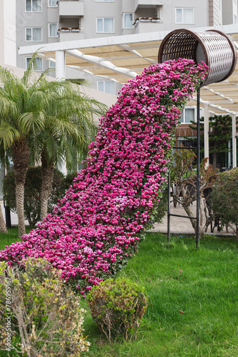 A beautiful flowerbed in the urban environment or hotel. The bed with pink flowers in landscape design. Selective focus.