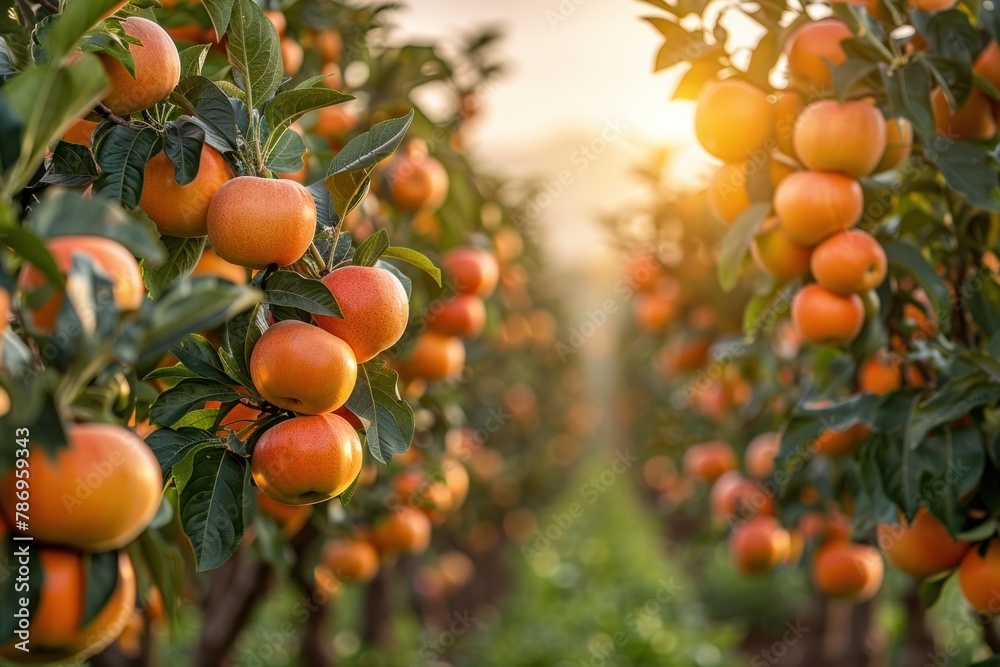 Lush garden with trees full of ripe fruit, embraced by sunlight Lush garden with trees full of ripe fruit, embraced by sunlight
