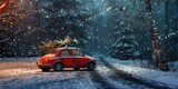 A festive red car with a Christmas tree driving on a snowy road. Perfect for holiday season concepts
