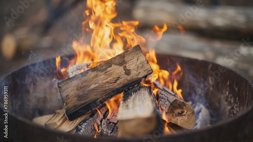 Crackling wood fire burning in a metal fire pit, capturing the warmth and ambiance of a campfire.