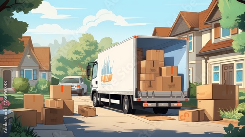 A moving truck is parked in a driveway on a sunny day, surrounded by numerous cardboard boxes. Moving Day with Packed Cardboard Boxes and Truck photo