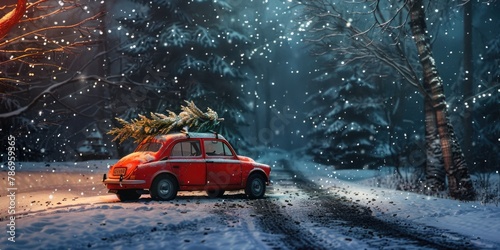 A festive red car with a Christmas tree driving on a snowy road. Perfect for holiday season concepts