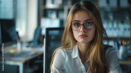 Woman wearing glasses sitting in front of a computer. Suitable for technology concepts