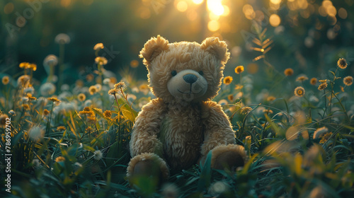 Teddy bear sitting amidst tall blades of green grass, enjoying the tranquility of nature's embrace © Teddy Bear