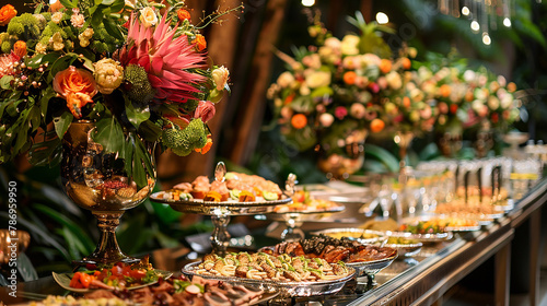A buffet table full of food and flowers.

 photo