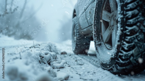 Detailed view of a car driving on a snow-covered road. Suitable for winter driving safety materials © Fotograf
