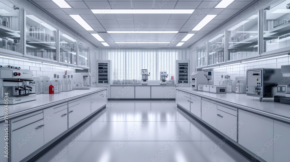 Modern Empty Biological Applied Science Laboratory with Technological Microscopes, Glass Test Tubes, Micropipettes Modern Empty Biological Applied Science Laboratory with Technological Microscopes, Glass Test Tubes, Micropipettes