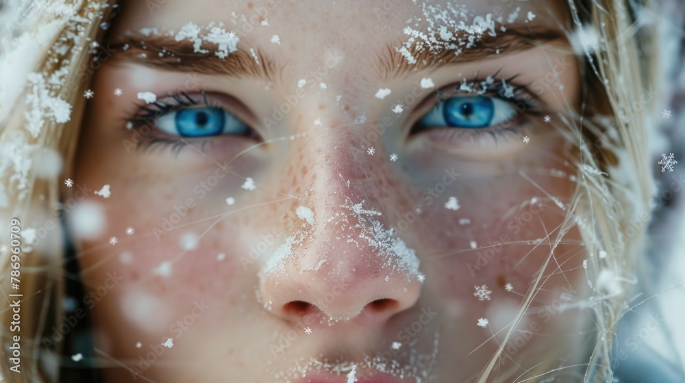 Close up of a woman with snow on her face, perfect for winter themes