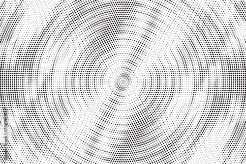 Radial halftone gradient background. Dotted concentric texture with fading effect. Black and white circle shade wallpaper. Grunge rough vector. Monochrome backdrop for various purpose. 