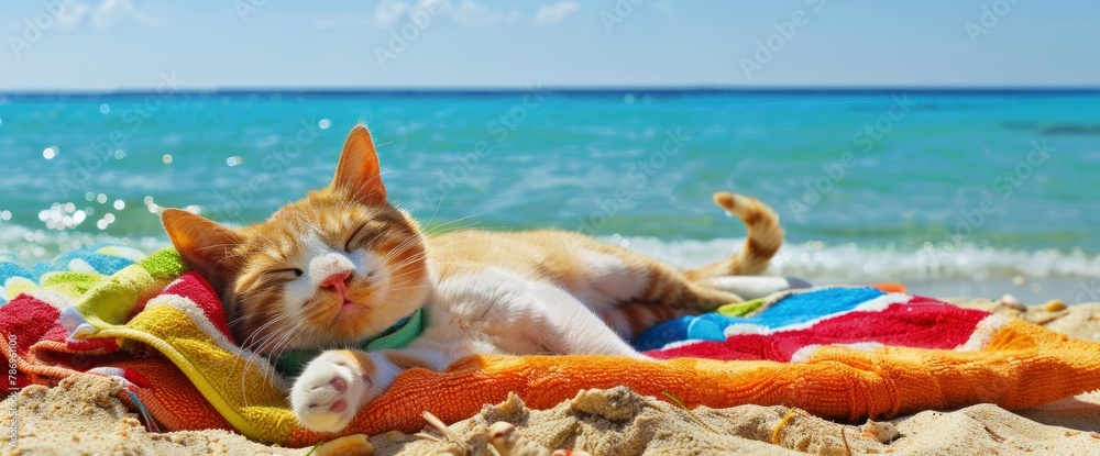 Contented purrs as they nestle into a cozy beach towel, professional photography and light , Summer Background