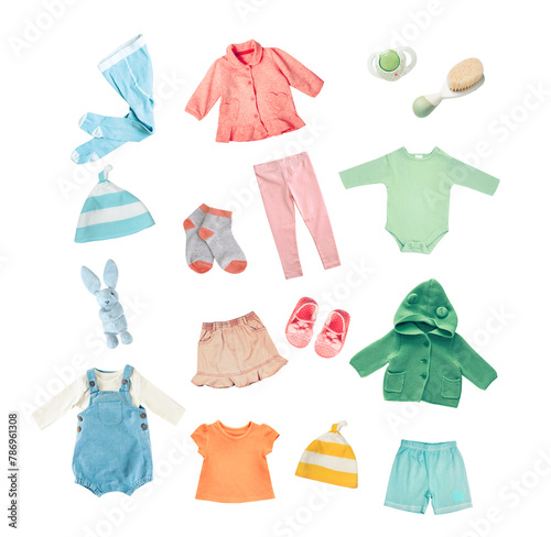 Baby clothes set of clothes isolated on white. Child's clothing,garment collection. © nys