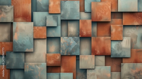 A background composed of geometric shapes resembling bricks or tiles, rendered in a muted color palette.
