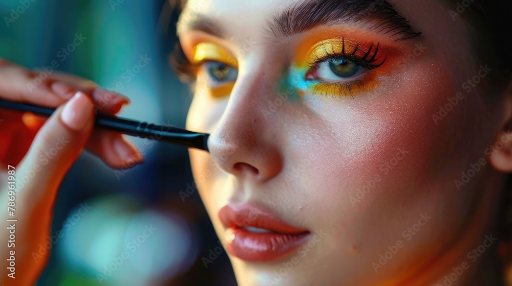 Obraz premium Close up of a woman with vibrant and bold makeup. Perfect for beauty and fashion concepts