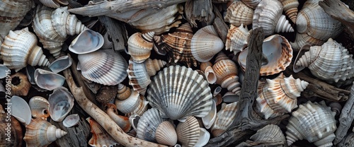 Curious investigation of discarded seashells and driftwood, professional photography and light , Summer Background photo