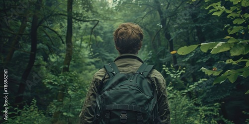 A person with a backpack walking through a forest. Suitable for outdoor and adventure themes