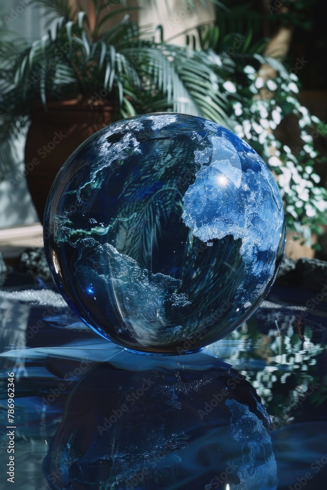 Glass globe sitting on top of a table, suitable for travel or education concept Glass globe sitting on top of a table, suitable for travel or education concept