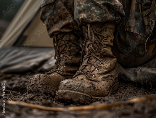 A soldier's boots, caked with mud and resting next to a tent, symbolizing the gritty reality of field operations and the endurance demanded from military personnel