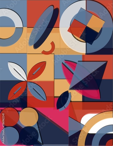A colorful abstract painting with many shapes and circles