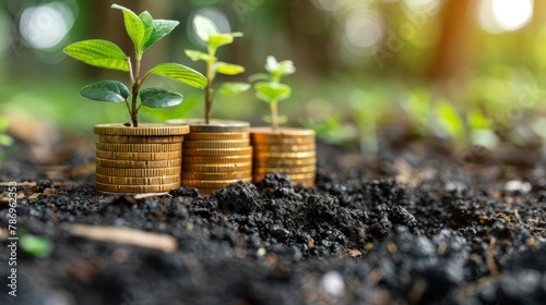 Saving money  growing money  finance and investing Plants that grow on piles of coins