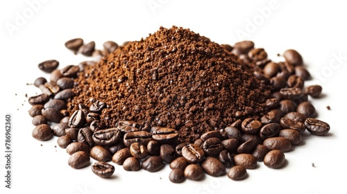 A pile of coffee beans next to a pile of ground coffee. Perfect for coffee lovers