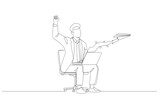 Continuous one line drawing of businessman finish work with paper plane flying out of laptop, task completion, submitting work via wireless internet concept, single line art.