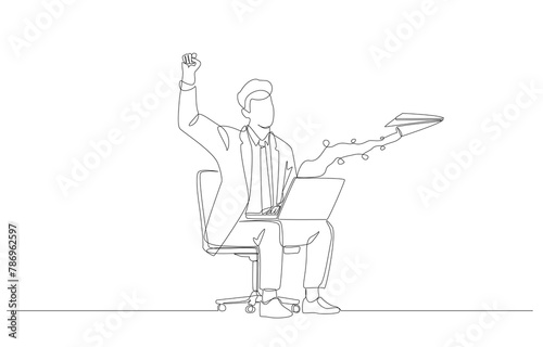 Continuous one line drawing of businessman finish work with paper plane flying out of laptop, task completion, submitting work via wireless internet concept, single line art.