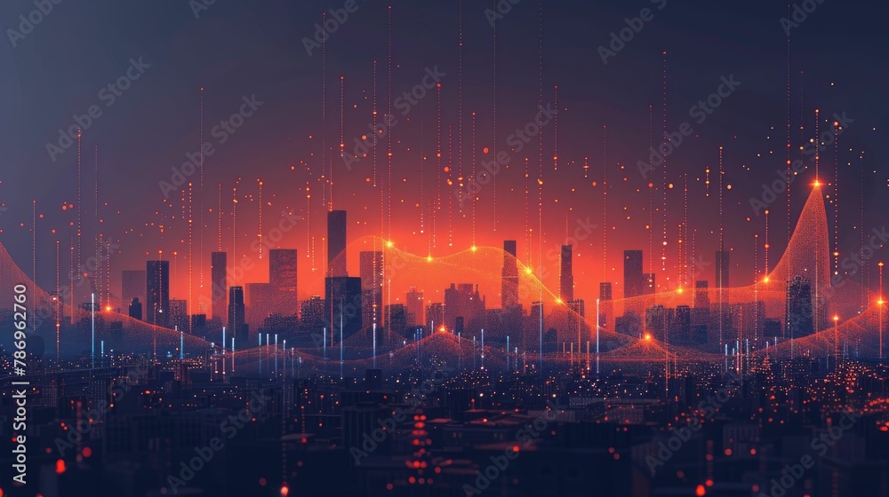 Animated graph dropping over an urban skyline