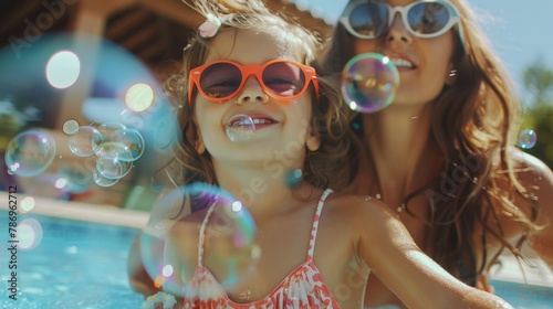 A woman and a little girl in sunglasses blowing bubbles. Suitable for family and summer themed designs