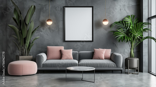 Modern living room interior with a blank poster on the wall, plants, and furniture on a concrete background, mockup concept. Generative AI