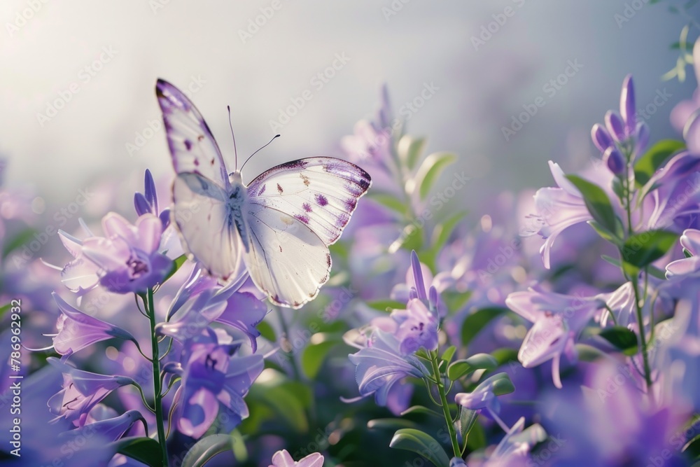 Beautiful white butterfly perched on vibrant purple flowers. Perfect for nature and garden themes Beautiful white butterfly perched on vibrant purple flowers. Perfect for nature and garden themes