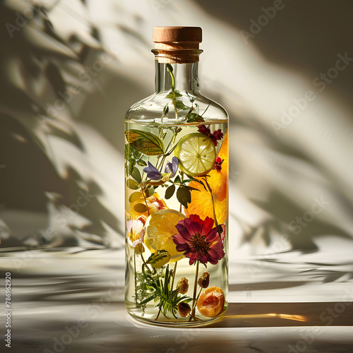 A bottle of liquor with various botanicals, fruits, or herbs infusing inside. Herbal Apothecary: A Mixology and Medicinal Botanicals Concept