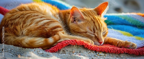 Curled-up naps on a beach towel, basking in the warmth of the sun, professional photography and light , Summer Background