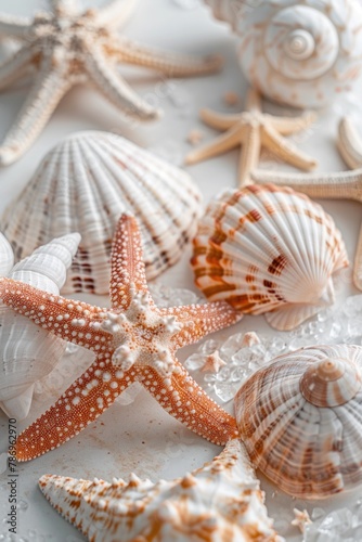 Close up of shells and starfish on a table, perfect for beach-themed designs