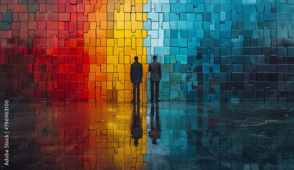 Two people in front of a colorful puzzle wall, photo style, on a reflective surface, capturing the concept of searching for a solution. Generative AI - obrazy, fototapety, plakaty 