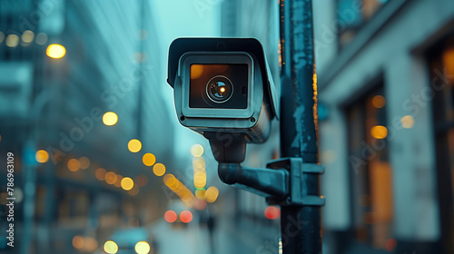 A close-up of a CCTV camera mounted on a pole with blurry city lights in the background at evening time, concept of urban security. Generative AI