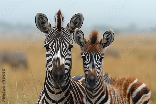Two zebras standing together in natural grassy field