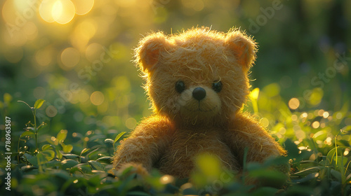 Adorable teddy bear sitting in a field of lush greenery, its plush fur blending with the grass © Teddy Bear