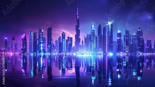 A purple and blue illustration of a futuristic cityscape at night with skyscrapers and lights reflecting off of water in the foreground.  