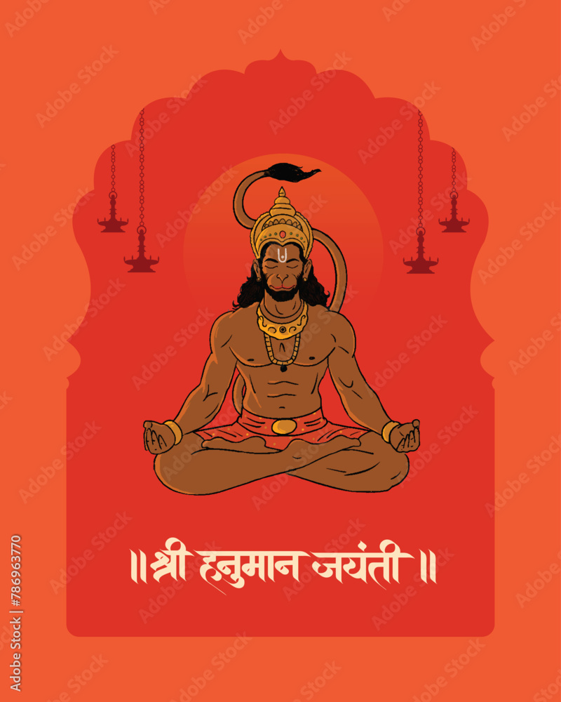 "Shree Hanuman Jayanti" calligraphy in Marathi, and Hindi means to celebrate the birth of Lord Hanuman, with Hanuman vector illustration  - obrazy, fototapety, plakaty 