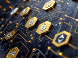 Golden bitcoins on a circuit board background, representing cryptocurrency network concept. Generative AI