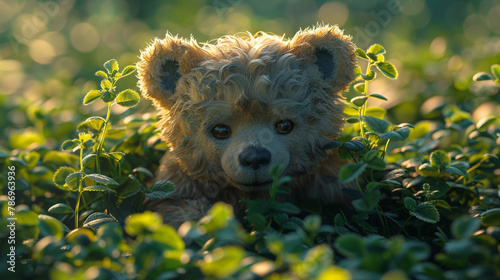 Fluffy teddy bear nestled among blades of vibrant green grass  its eyes twinkling with joy