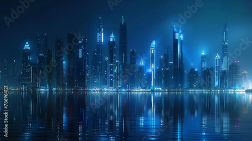 A purple and blue illustration of a futuristic cityscape at night with skyscrapers and lights reflecting off of water in the foreground.  