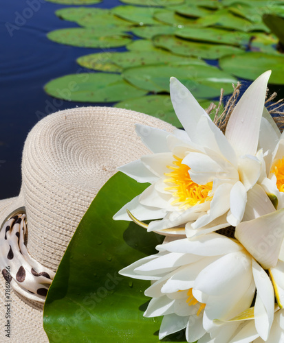 White water lilies and a straw hat against the background of a blue river.