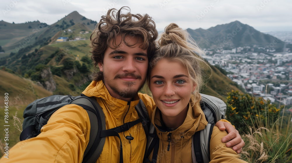A young couple taking a selfie on a mountain hiking trip, with a city and peaks in the background, wearing happy expressions, Generative AI.