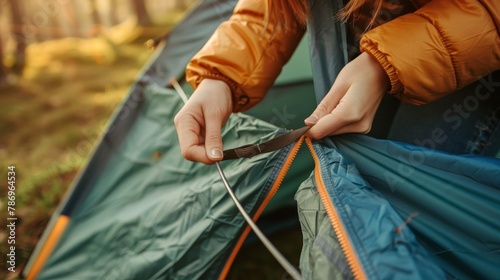 Focused close up young woman s hands carefully opening tent zipper for detailed view