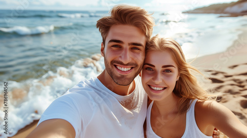 A young couple taking a selfie on a beach during a sunny vacation, both smiling happily. Generative AI
