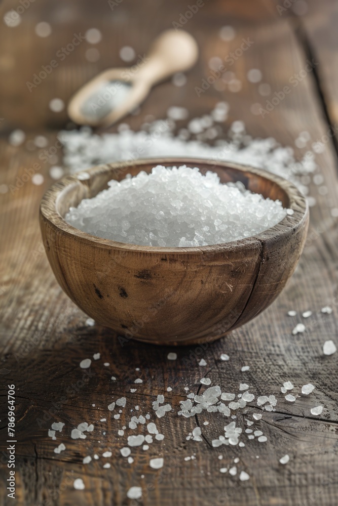 A wooden bowl filled with sea salt on a wooden table. Suitable for kitchen and cooking themes A wooden bowl filled with sea salt on a wooden table. Suitable for kitchen and cooking themes