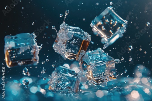 Ice cubes dropping into water, perfect for beverage or refreshing concept