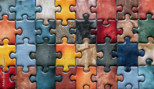 A completed jigsaw puzzle with colorful pieces on a varied textured background, depicting concept of problem solving. Generative AI